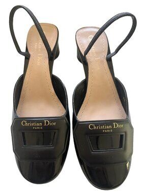 Christian Dior Black Leather Logo Buckle at Toe Low Heel Slingbaks Size 38
